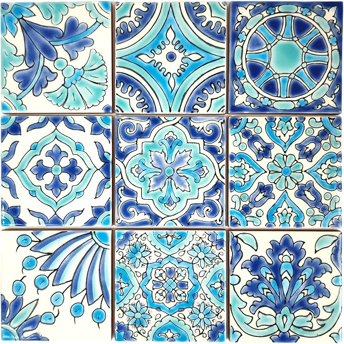 DYARI Set of 9 Decorative Ceramic Tiles – Hand Painted Indoor & Outdoor – Artisan Top Kitchen – Mediterranean Decorative 4x4 / One Tile Durable Colorful (Turquoise & Blue, 45 Tiles (5 Sq Ft))