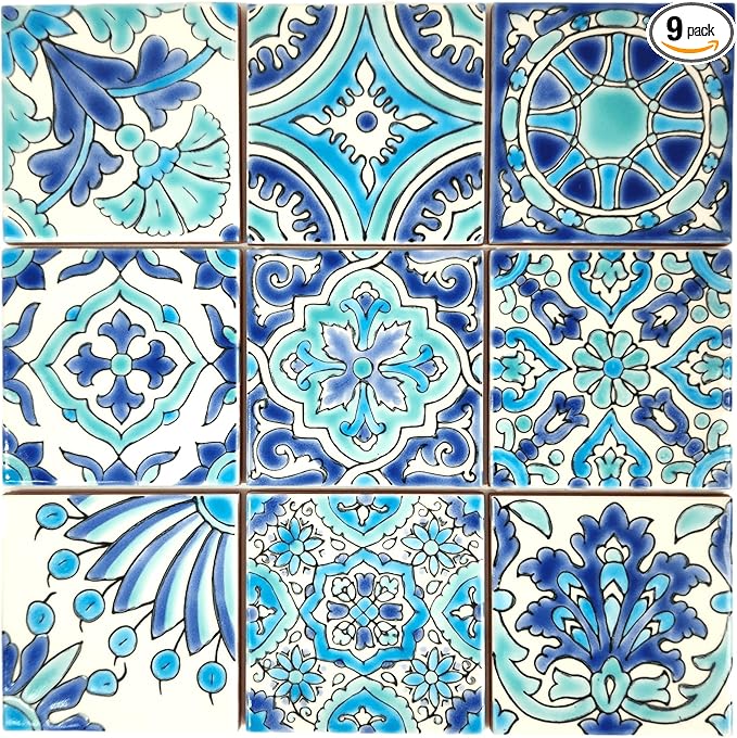 DYARI Set of 9 Decorative Ceramic Tiles – Hand Painted Indoor & Outdoor – Artisan Top Kitchen – Mediterranean Decorative 4x4 / One Tile Durable Colorful (Turquoise & Blue, Sample (1 Tile 4x4))