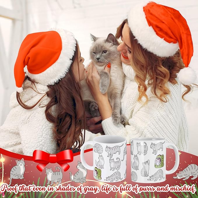 Sliner 2 Set Gray Tabby Cat Coffee Mugs Gifts 11 oz Cat Mom Ceramic Coffee Cups Tea Cup Funny Holiday Birthday Gifts for Men Women Cats Lovers