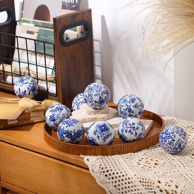 Vesici 9 Pcs Blue and White Porcelain Balls Decorative Chinoiserie Orbs for Centerpiece Bowls China Ceramic Balls Farmhouse Basket Tray Vases Decoration Gifts for Dining Table Holiday(Leaf Style)