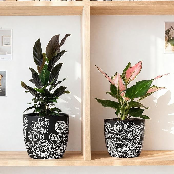 Terracotta Pots, 6.5+5+4.4 Inch Plant Pots with Drainage Hole- Floral Pattern, Black Boho Ceramic Planters for Indoor Plants, Flower Pots Indoor Succulents, Herbs Plants,Set of 3