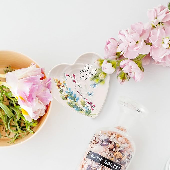 Pavilion Gift Company - Sister - Ceramic Heart-Shaped Keepsake Dish, Watercolor Floral Design, Unique Gifts for A Sister, Trinket Dish, Ring Holder, Jewelry Dish, 1 Count, 4.5 inches