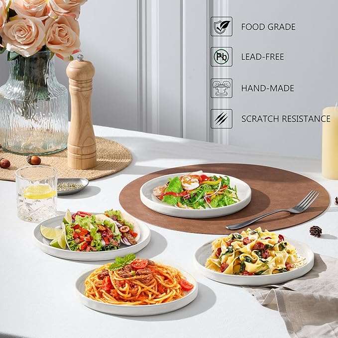 LIANYU 7.9In Ceramic Dinner Plates Set for 4, Porcelain Kitchen Salad Dessert Serving Dishes Set, Modern Round Stoneware Dinnerware Appetizer Plates, Scratch Resistant & Microwavable, Polar White