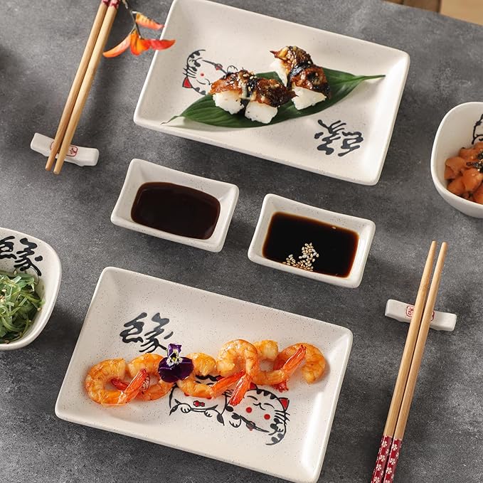 10 pcs Japanese Sushi Plate Sets Serving Platters and Trays for Entertaining Sushi Dishes Set Plates Sushi Plates Traditional Cuisine Dinnerware Sets with Chopsticks Cat