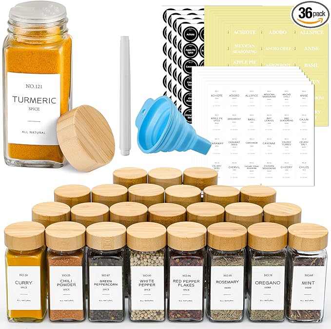 NETANY 36 Pcs Glass Spice Jars with Bamboo Lids, 4 oz Glass Jars with Minimalist Farmhouse Spice Labels Stickers, Collapsible Funnel, Seasoning Storage Bottles for Spice Rack, Cabinet, Drawer