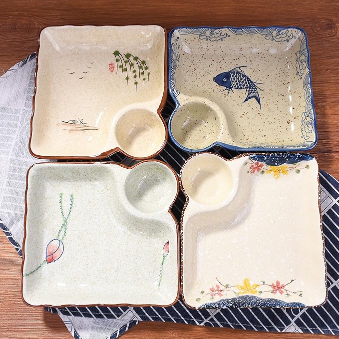 Sushi Plate Set of 2, Different Style Ceramic 7.4 Inch Dumpling Plates with Vinegar Dish Serving for Dumpling, Snack, and Other Food (japanese style yy)