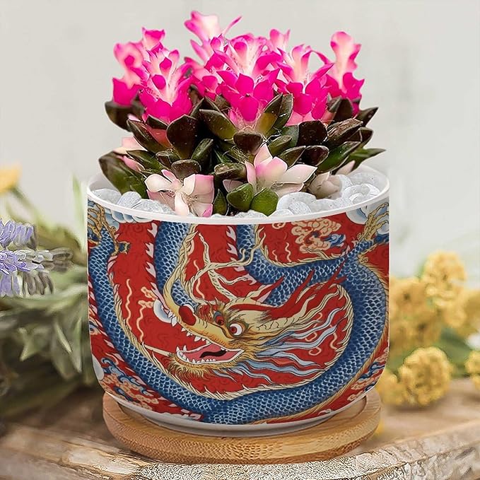 Red and Auqa Dragon Small Planters Ceramics Set of 3 Chinoiserie Dragon Ceramics Planters with Drainage Bamboo Trays Asian Scenery Chic Chinoiserie Houseplant Pot