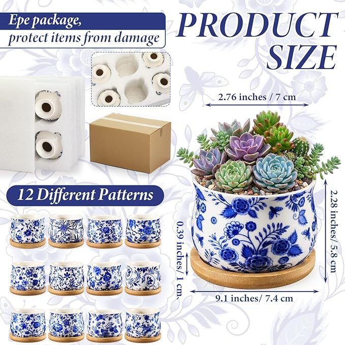 12 Pcs 3" Ceramic Chinoiserie Succulent Plant Pot Blue and White Porcelain Planter with Bamboo Tray Drainage Hole Mini Chinese Flower Jardiniere for Cactus Herbs Home Office Indoor Decor
