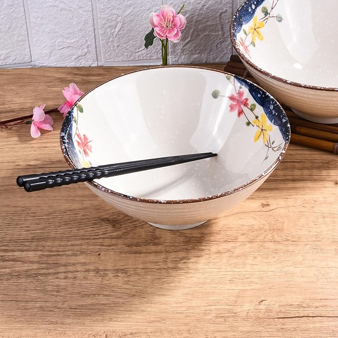 Set of 2 Japanese-Style Ceramic Noodle Bowls – 8.2 Inch Asian-Inspired Soup Ramen Pho Bowls, Microwave & Dishwasher Safe, Handcrafted Floral Design, Premium Dining Essentials for Home & Gifts