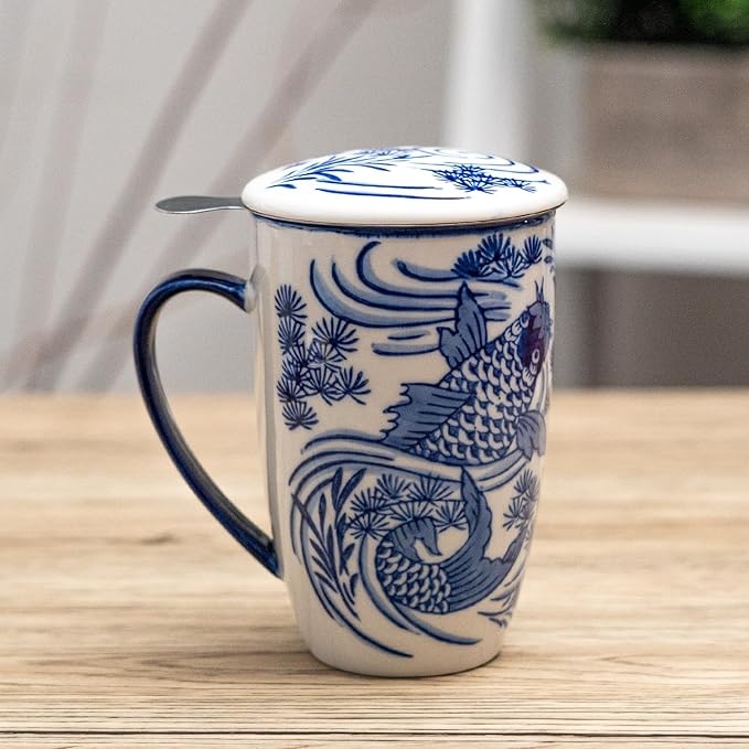Urban Tokyo Tea Mug With Lid and Stainless Steel Infuser For Loose Leaf Tea Bag Tea Cup 15oz Porcelain Hot Beverage Everyday Use Home Office (Koi Fish)
