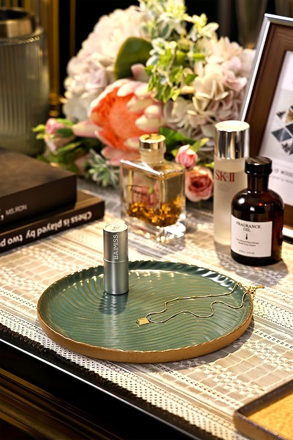 Vanity Tray with Brown Trim - Candle & Perfume Holder Organizer - Round, Green, 8"8" - Home Decor for Dresser, Table, Bathroom Countertop