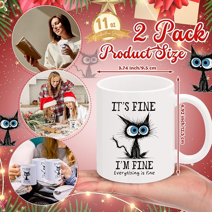 Sliner 2 Set It's Fine I'm Fine Mugs Black Cat Funny Gifts Coffee Cup 11 oz Ceramic Cute Tea Cup Holiday Birthday Gifts for Men Women Cat Lovers Colleague Coworker