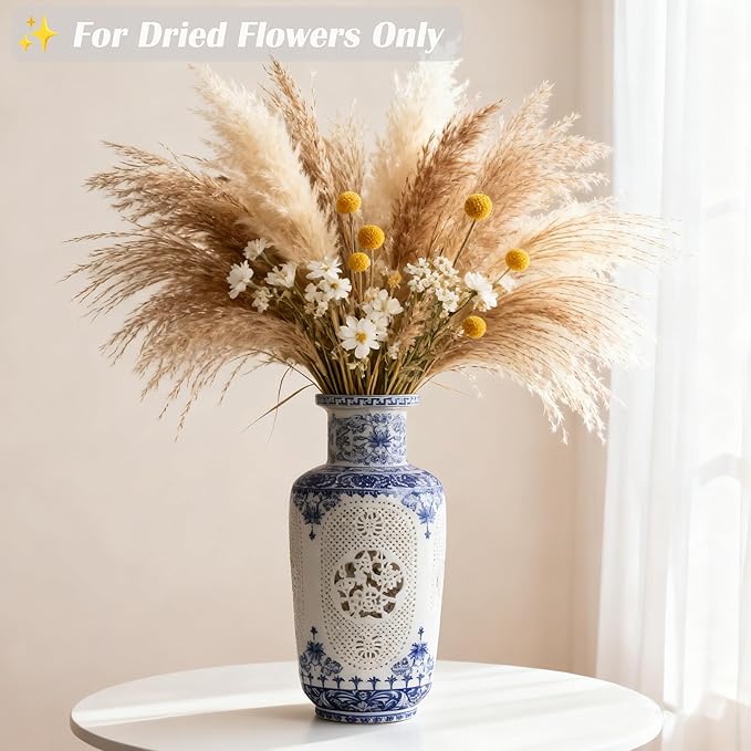 Blue White Flower Vase - 11.42 Inch Hollow Out Ceramic Vase, Vintage Chinese Style Home Decor, Handcrafted Blue White Porcelain Centerpiece for Living Room Table Shelf (Blue and White)