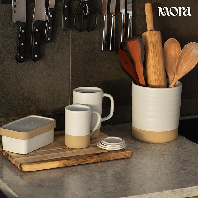 Mora Ceramic Two-in-One Butter Dish with Lid, Covered Butter Crock Container to Leave on Countertop - Large Storage Keeper/Holder for Kitchen, Gifts for Her, Butter Tray For Counter - Oat