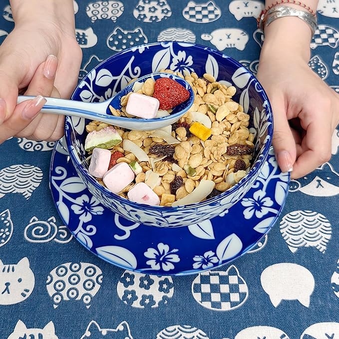 Japanese Ceramic Bowls Set of 6, 28 Oz Large Asian Porcelain Ramen Soup Salad Cereal Noodle Bowl with 6 Spoons, Deep Bowl for Kitchen Decor and Housewarming Gift, Dishwasher & Microwave Safe