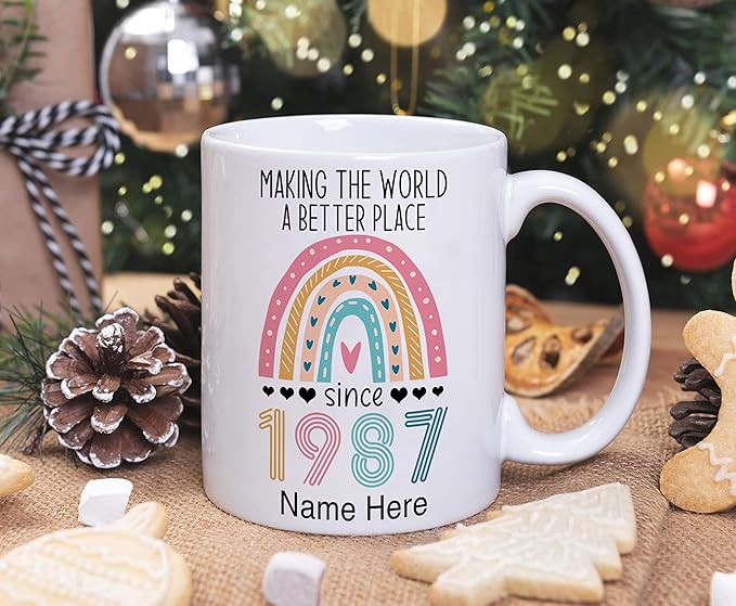PREZZY Vintage 36th Birthday Mug Gifts for Women Men Making the World a Better Place Since 1987 Boho Rainbow Turning 36 Years Old Birthday Decorations Personalized Mugs Novelty Coffee Cup 11oz 15oz