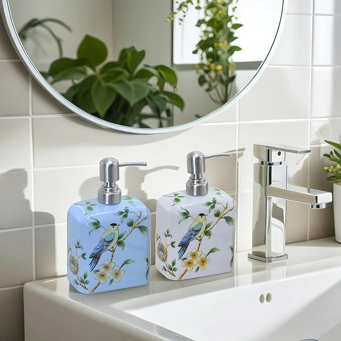 Ceramic Soap Dispenser, Decorative Flower Liquid Hand Soap Dispenser, Empty Refillable Lotion Bottle with Removable Pump for Bathroom Kitchen Countertop - White, 18.6 oz