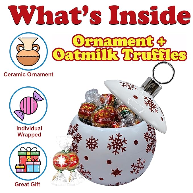 Christmas Chocolate Candy Filled Gift Box, Snowflake Ornament Glitter Ceramic Holiday Candy Dish with Red and Green Wrapped Oatmilk Non-Dairy Chocolate Truffles, Christmas Treat Basket Gift and Table Centerpiece Decor