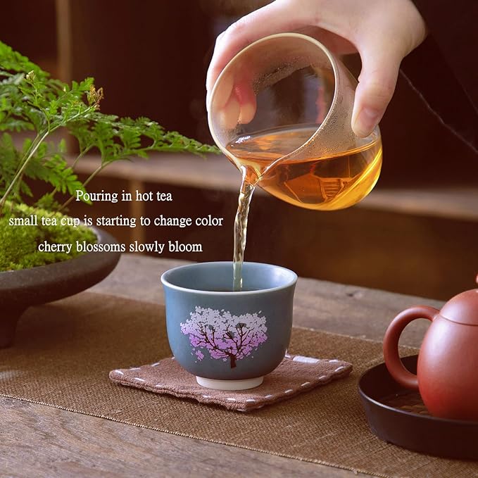 Heat Changing Sensitive Cherry Blossoms Tea Cup, Japanese Style Color Changing Coffee Mug, Unique Magic Coffee Tea Cup for Gift Valentines 4.4 oz/130ml (Blue)