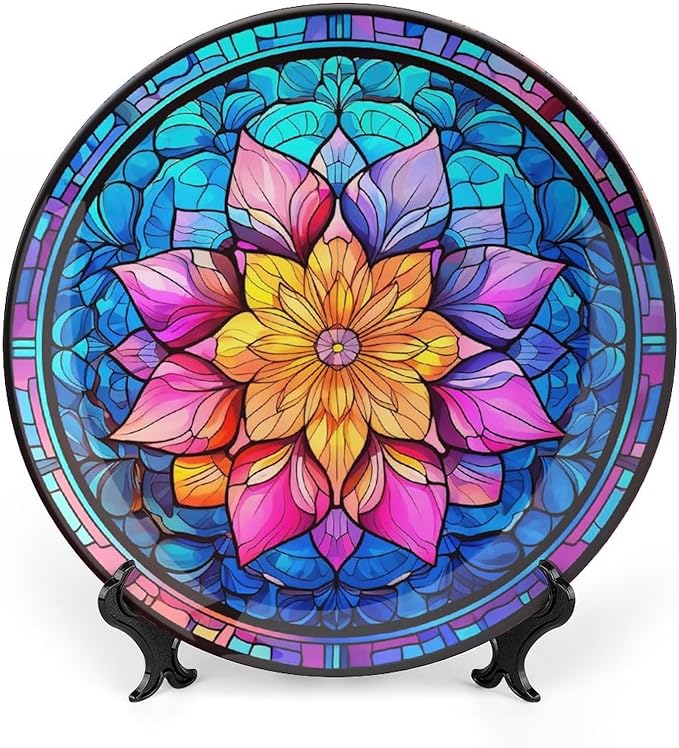 Decorative Plates for Wall Hanging, Boho Flower Stained Glass Design Ceramic Plate w/Display Stand, Home Decor for Kitchen Cabinets, Farmhouse Round Tray 6 Inch, Gift for Family Friends