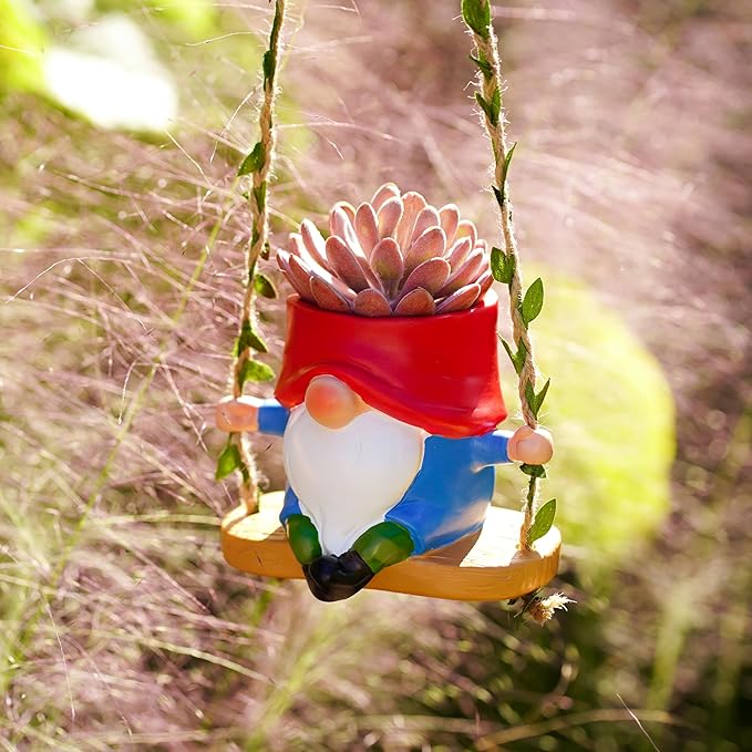 Swing Garden Gnome Hanging Planters for Indoor Plants, Cute Small Succulent Pots with Drainage Hole, Resin Plant Hangers Outdoor, Hanging Plant Holder for String Of Pearls, Gift Ideas for Mother