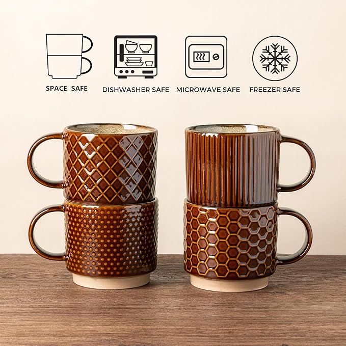 GBhome 12 OZ Stackable Coffee Mugs Set of 6, Ceramic Coffee Cups with Texture Patterns for Man,Woman,Dad,Mom, Modern Coffee Cups for Latte/Cappuccino/Cocoa. Dishwasher&Microwave Safe,Caramel