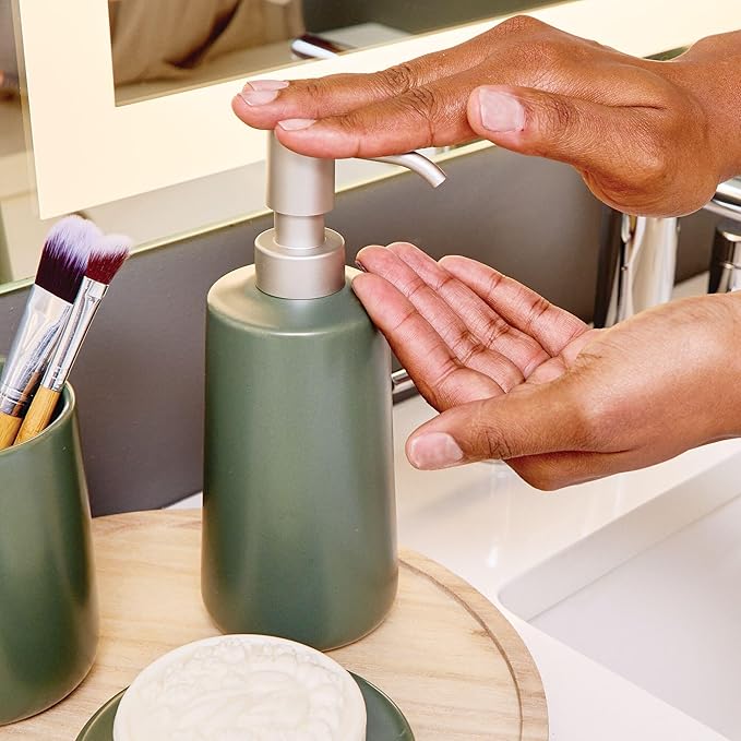 iDesign Dispenser for Bathroom Holds Hand Soap or Lotion-Set of 2-Moss Green Eco Vanity Ceramic Pump-Tall M2