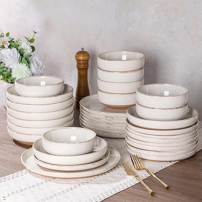 AmorArc 24 Pieces Ceramic Dinnerware Sets for 8, Handpainted Stoneware Plates and Bowls Set with Rustic Terracotta Underside, Scratch Resistant Dishes Set, Dishwasher & Microwave Safe