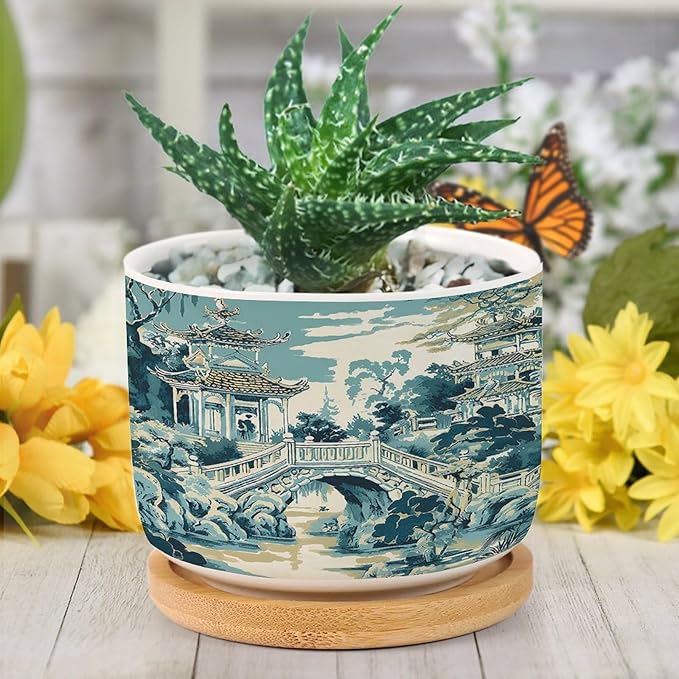 DreamAutumn Chinoiserie Blue and White Porcelain Pattern Ceramic Flower Pots,Gardening Plant Pot with Drainage Holes and Saucers Round Ceramic Pots for Indoor Plants Succulent Herbs Cactus Pots