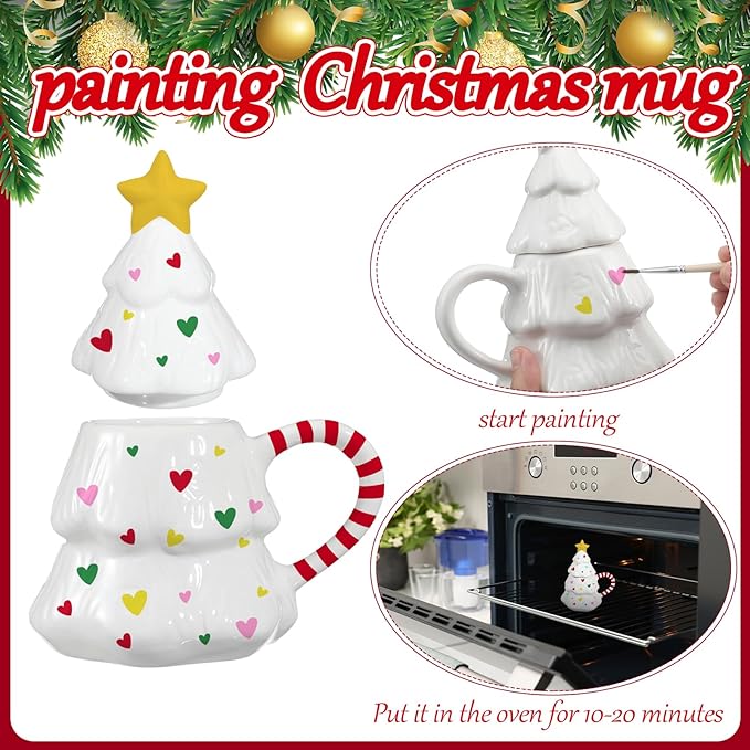 Didaey 1 Set Christmas Tree Mug with Lid Paint Your Own Mug Craft Kit with 6 Color Paints and Brush DIY Ceramic Christmas Coffee Mugs for Xmas Festive Holiday Gift