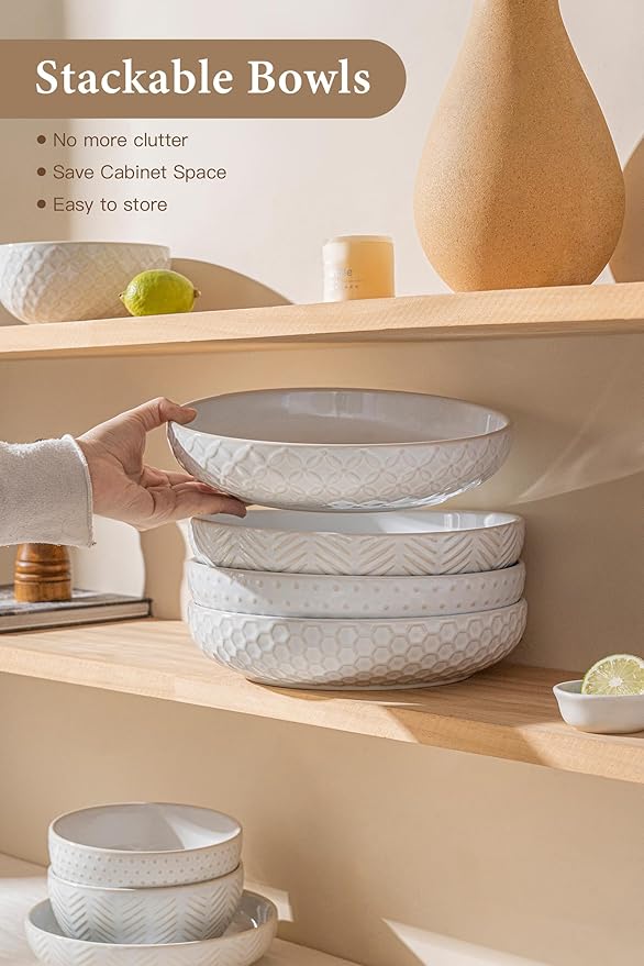 Embossed Ceramic Pasta Bowls Set of 4 – Medium 7.5-Inch, 26oz Serving Bowls for Pasta, Salad, Fruit – Stackable, Microwave & Dishwasher Safe – Great Gift for Housewarming or Everyday Use