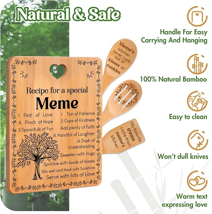 Meme Gifts - "Recipe for a Special Meme" Meme Gifts for Grandma Cutting Board Set, Bamboo-Made Engraved Utensil Set Gifts for Meme Cutting Board, Best Meme Ever Gifts.
