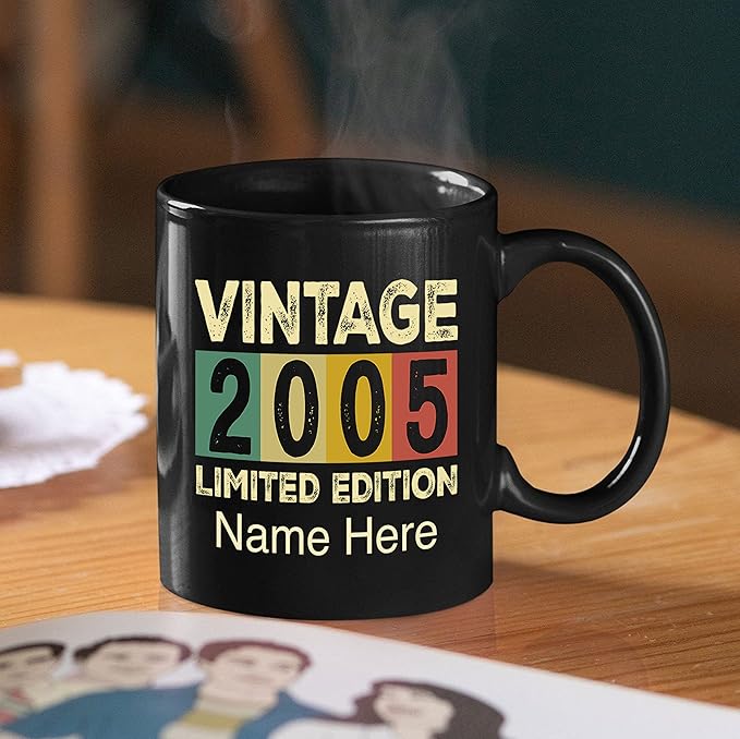 PREZZY Vintage 2005 Limited Edition 18th Birthday Decorations Personalized Gifts for Women Men Mothers Day Fathers Day Gift 18 Year Old Birthday Mug Customized Name Ceramic Black Tea Cup 11oz 15oz