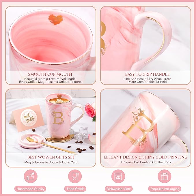 Personalized Ceramic Coffee Mug Gifts for Women, 14 Oz Pink Initial Customized Cool Marble Ceramic Mug, Birthday Christmas Mother's Day Gifts for Her Wife Mom Grandma Friend Sister Unique,B