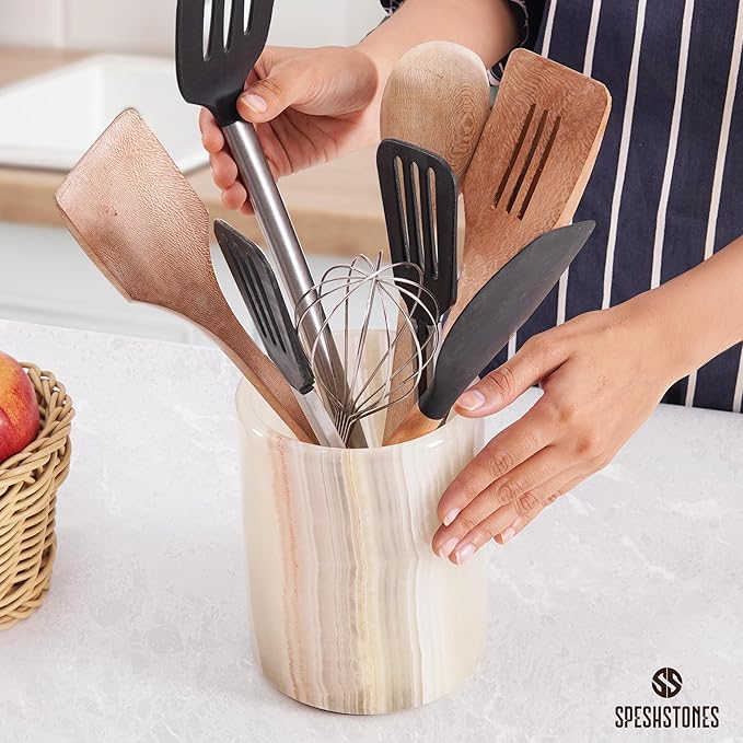 Marble Utensil Holder 6.5 Inch Cream Onyx Wooden Cooking Utensils Set & Spatula Organizer for Kitchen Counter, Stone Utensil Crock & Caddy for Spoon Holder & Farmhouse Decor