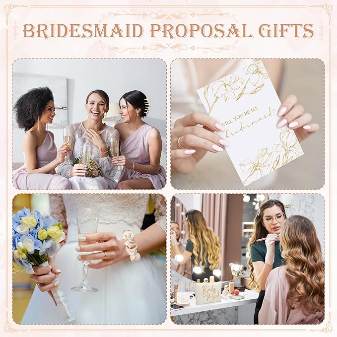 42 Pcs 6 Sets Wedding Favors Bridesmaid Proposal Gifts Maid of Honor Ceramic Coffee Cups Cosmetic Makeup Bags Invited Cards Scrunchies Knotted Bracelets Jewelry Bags Hair Claw Clips(Champagne)