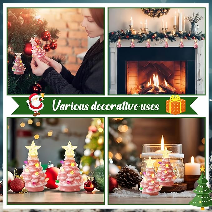 Leinuosen 6 Set Mini 4 Inch Ceramic Christmas Tree with Multicolored Lights Xmas Tree Hanging Light up Ornaments Pre Lit Hand Painted for Tabletop Home Office Table Holiday Decorations(Pink,Star)