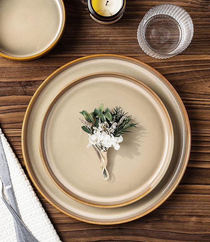 TheTerra Ceramic Dinnerware Sets for 6, 18 Pieces Porcelain Lightweight Plates and Bowls Sets, Scratch Resistant Dish Set, Oven & Microwave & Dishwasher Safe, Creamy Amber
