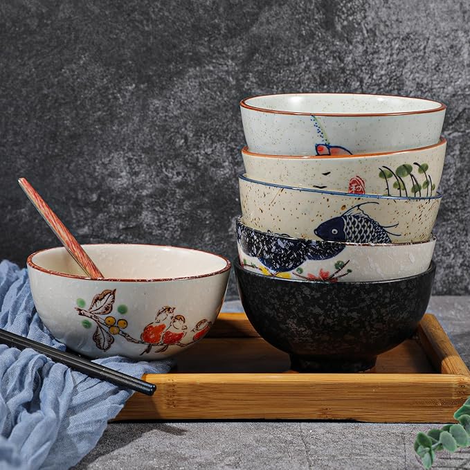 6 Pack Retro Ceramic Bowls, 4.5 Inch Japanese Chinese Bowl, 11 Oz Serving Dinner Set for Cereal, Salad, Dessert, Ice Cream, Rice, Noodles, Soup, Fruit, Dishwasher Microwave Safe