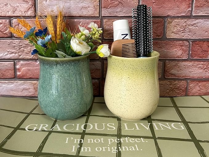Short Kitchen Utensil Holder for Kitchen Counter, Ceramic Small Utensil Crock & Vase & Holder for Cutlery Spatula Brush Silverware Cooking Utensil Holder (Yellow Green)