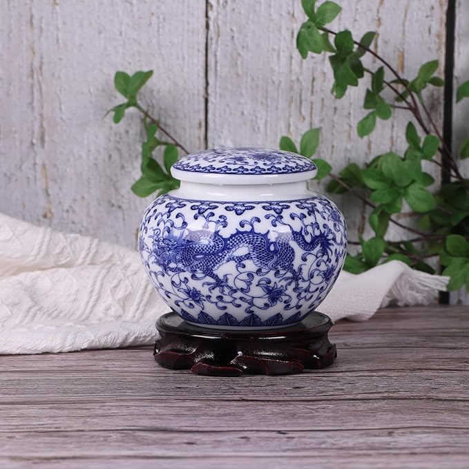 Traditional Chinoiserie Round Ginger Jars Blue and White Porcelain Series Ceramic Storage Jars with Sealed Lids,for Home/Kitchen/Dining Table Decoration (Oriental Dragon Jar)