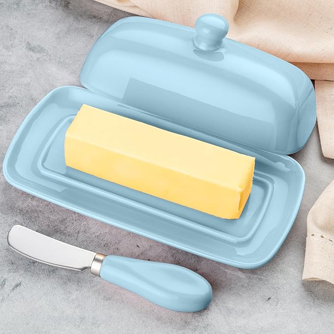 Zulay Kitchen Butter Dish With Lid For Countertop - Porcelain Blue, Ceramic Butter Dish with Knob Handle Great for Cooking - Elegant Design Butter Holder - Durable & Sturdy Butter Keeper - Light Blue