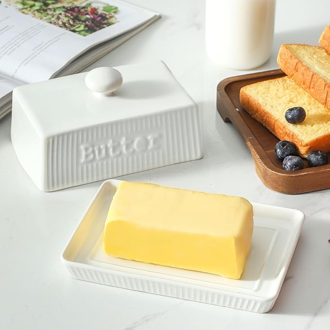 Large Butter Dish with Lid, 8oz Ceramic Butter Holder with Knob Handle, Striped Butter Keeper, Porcelain Butter Tray Butter Container for East & West Coast Butter, Farmhouse Kitchen Decor, White