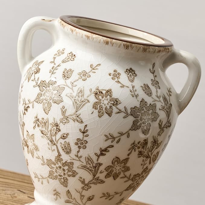 7.87 Inch Vintage Brown Chinoiserie Floral Vase, Antique Rustic Ceramic Vase for Home Decor, Living Room, Bookshelf, Office, Entryway, Garden, Chinoiserie Decor, Tuscan Decor