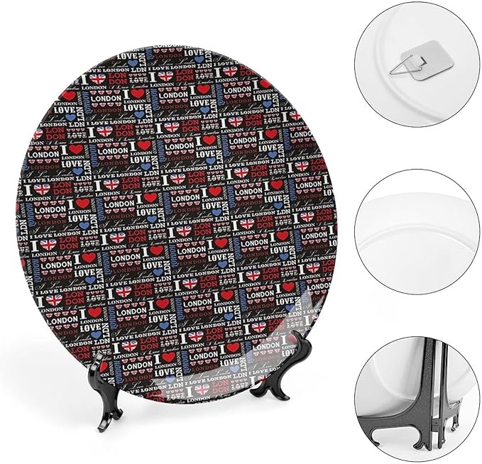 XISUNYA 7 Inch Decorative Plate, London Round Porcelain, Cute Valentines Hearts I Love London Quote Travel Print Ceramic Wall Hanging for Home Office Party Dinner Table Decor, Multicolor