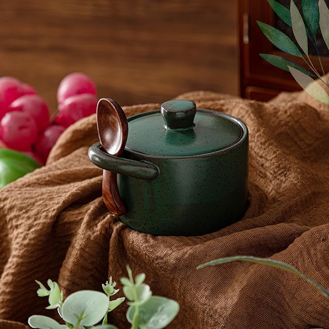 Honeydak Speckled Ceramic Salt Cellar with Lid and Wooden Spoon, Rustic Farmhouse Salt Pepper Cellar for Valentines Day,Housewarming Gift, Heavyweight Spices Container (Green,2 Set)
