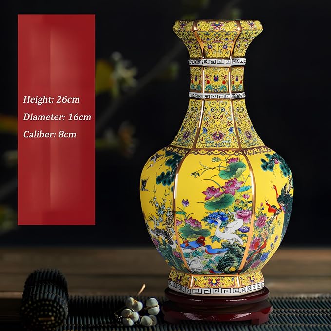 10 Inch Ceramic Vase - Chinese Cloisonné Antique Vase for Home Decor, Yellow Background with Phoenix & Peony Patterns, Gift for Women