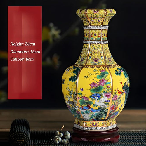 10 Inch Ceramic Vase - Chinese Cloisonné Antique Vase for Home Decor, Yellow Background with Phoenix & Peony Patterns, Gift for Women