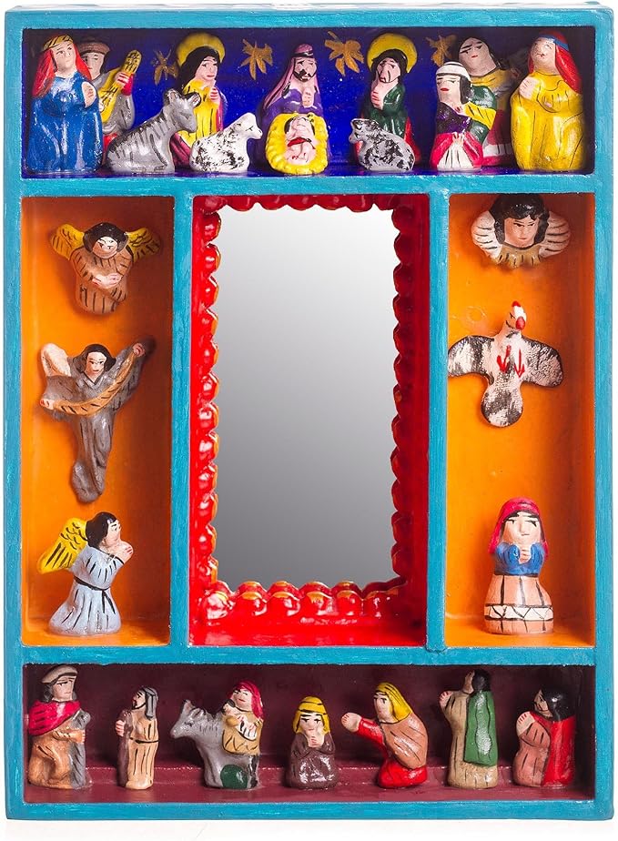 NOVICA Artisan Handmade Wood Wall Mirror Nativitythemed Ceramic from Peru Multicolor Decor Mirrors Retablos Angel Folk Art [8.25in H x 6in W x 1.4in D] ' Nativity Reflection'