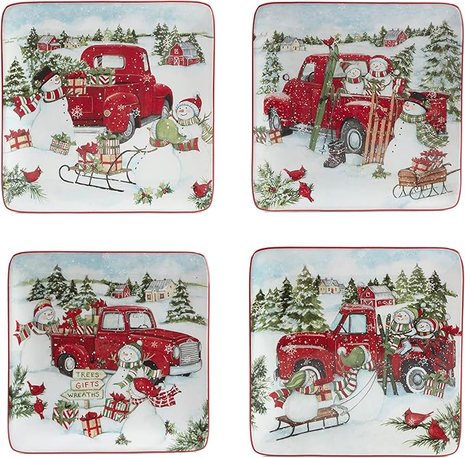 Red Truck Snowman 16pc Ceramic Dinnerware Set, Service for 4 – Bring holiday cheer to every meal with festive red trucks, snowmen, and trees, perfect for holiday gatherings and winter entertaining